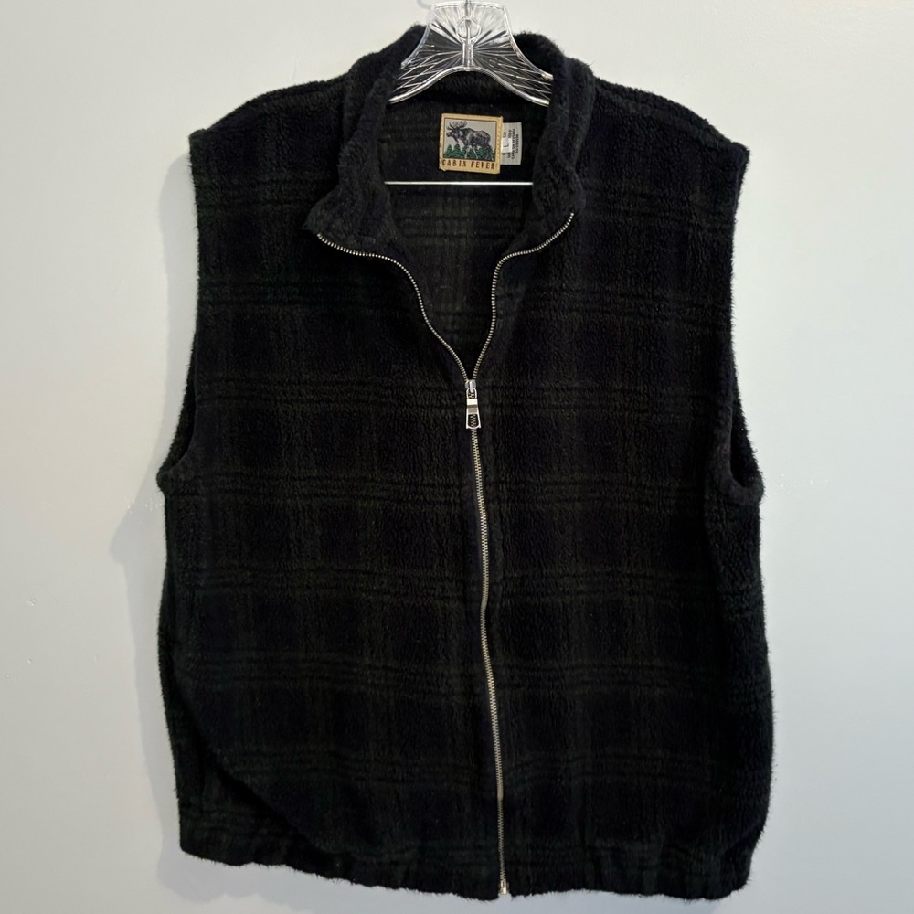 Vintage Cabin Fever Large Plaid Navy Green Zip Fleece Vest Granola Girl Unisex